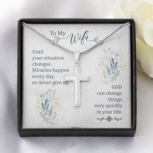 To My Wife Miracles Happen Cross Pendant Necklace
